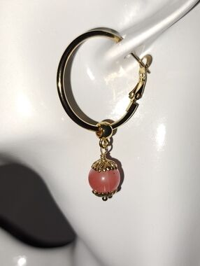 14K Gold Over Stainless Steel Hoop Leverback Earrings Cherry Quartz Dangle Bead